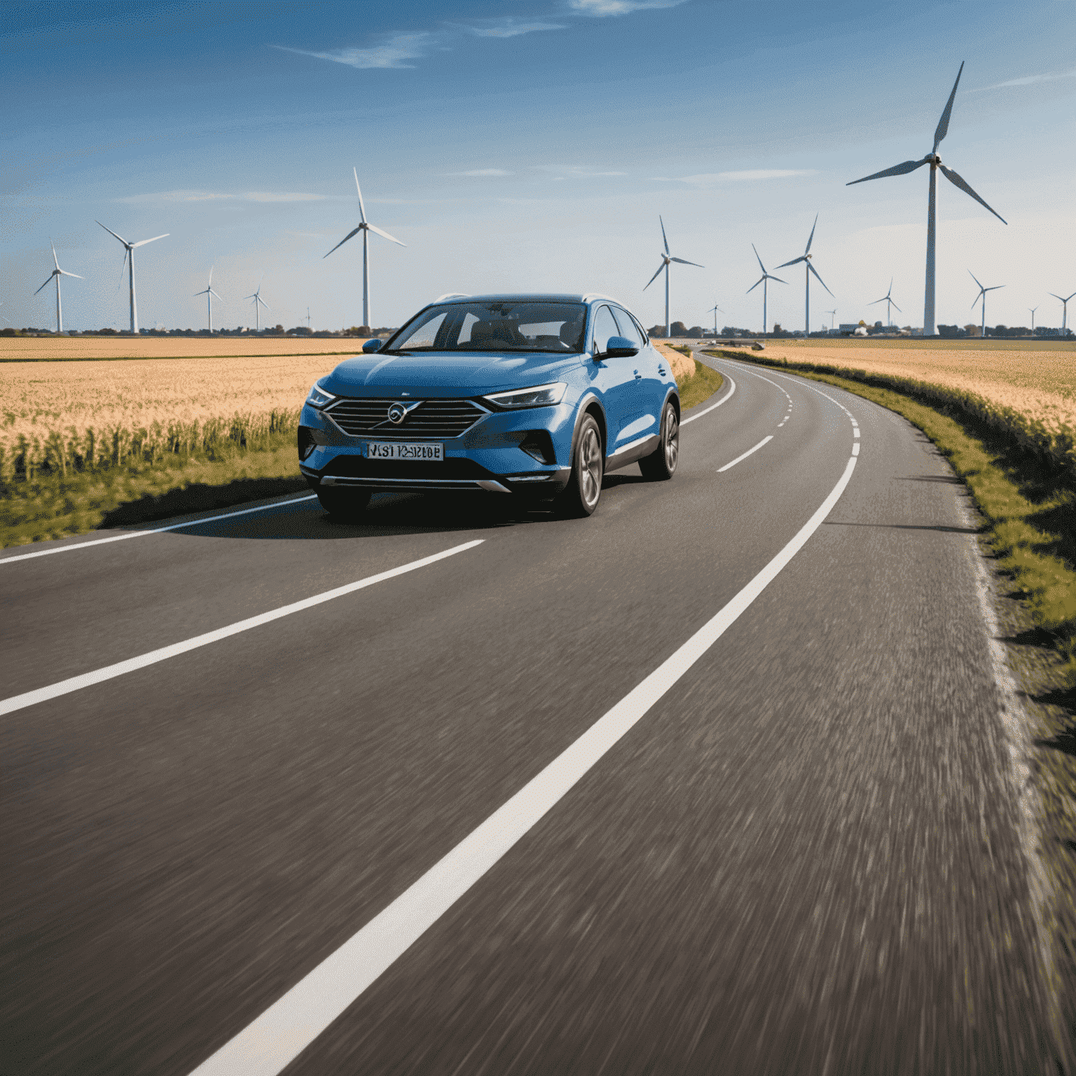 Een moderne auto op een Nederlandse weg, met windmolens op de achtergrond, symboliserend snelle en efficiënte autoverzekering in Nederland