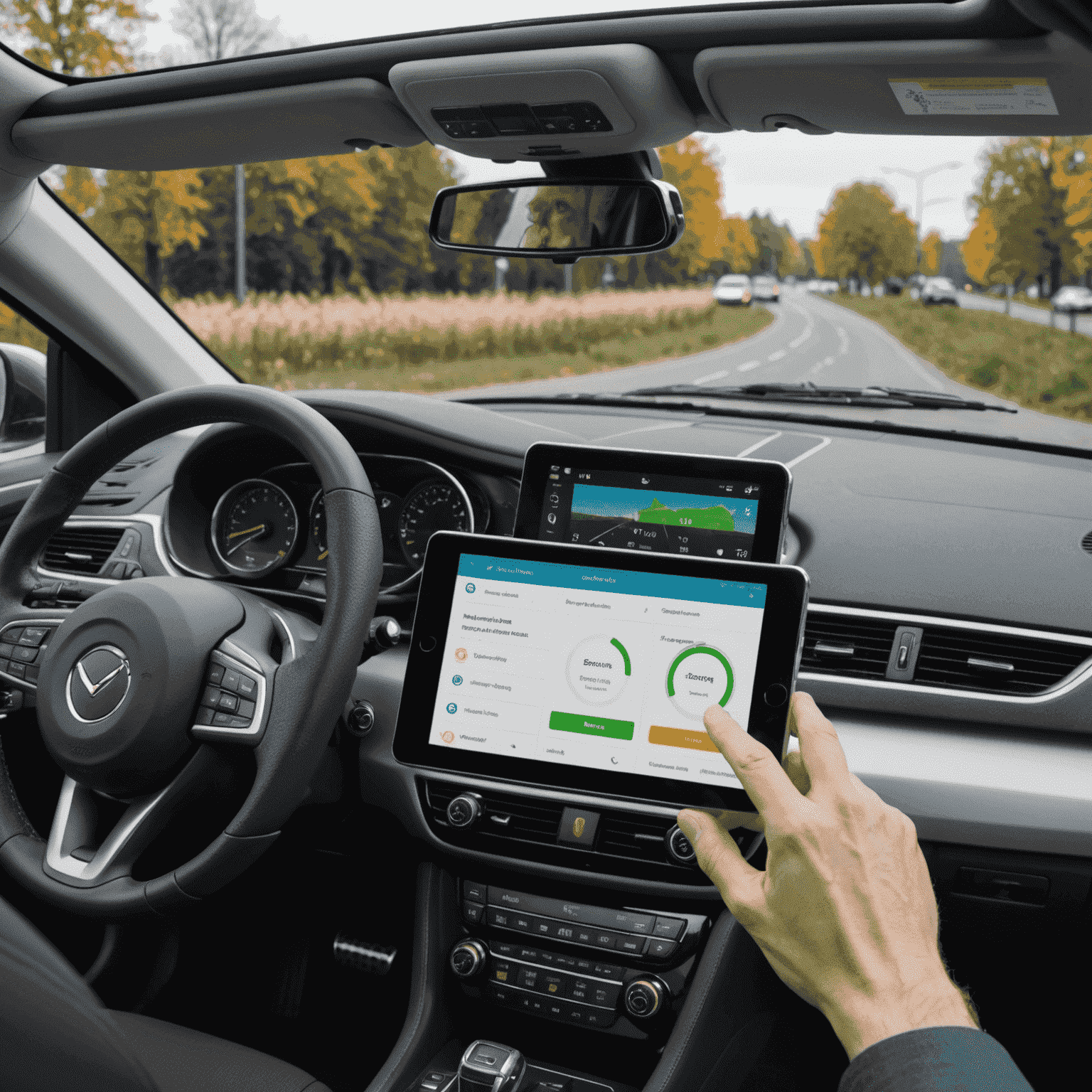 Een moderne auto met een tablet die verzekeringsgegevens toont op het dashboard, symboliserend de nieuwste technologische ontwikkelingen in autoverzekeringen in Nederland