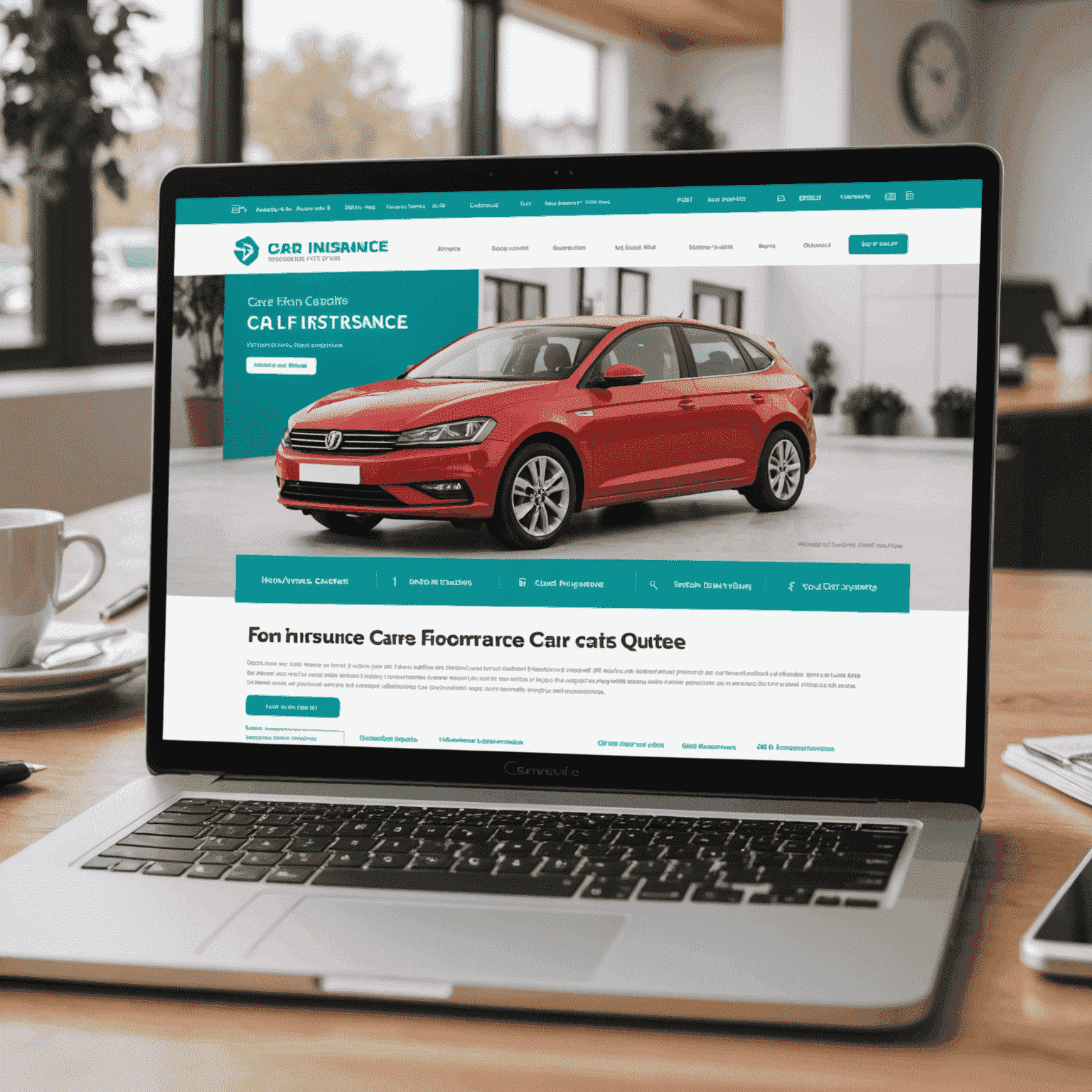 Een afbeelding van een laptop met een online formulier voor autoverzekering offerte, met een auto op de achtergrond