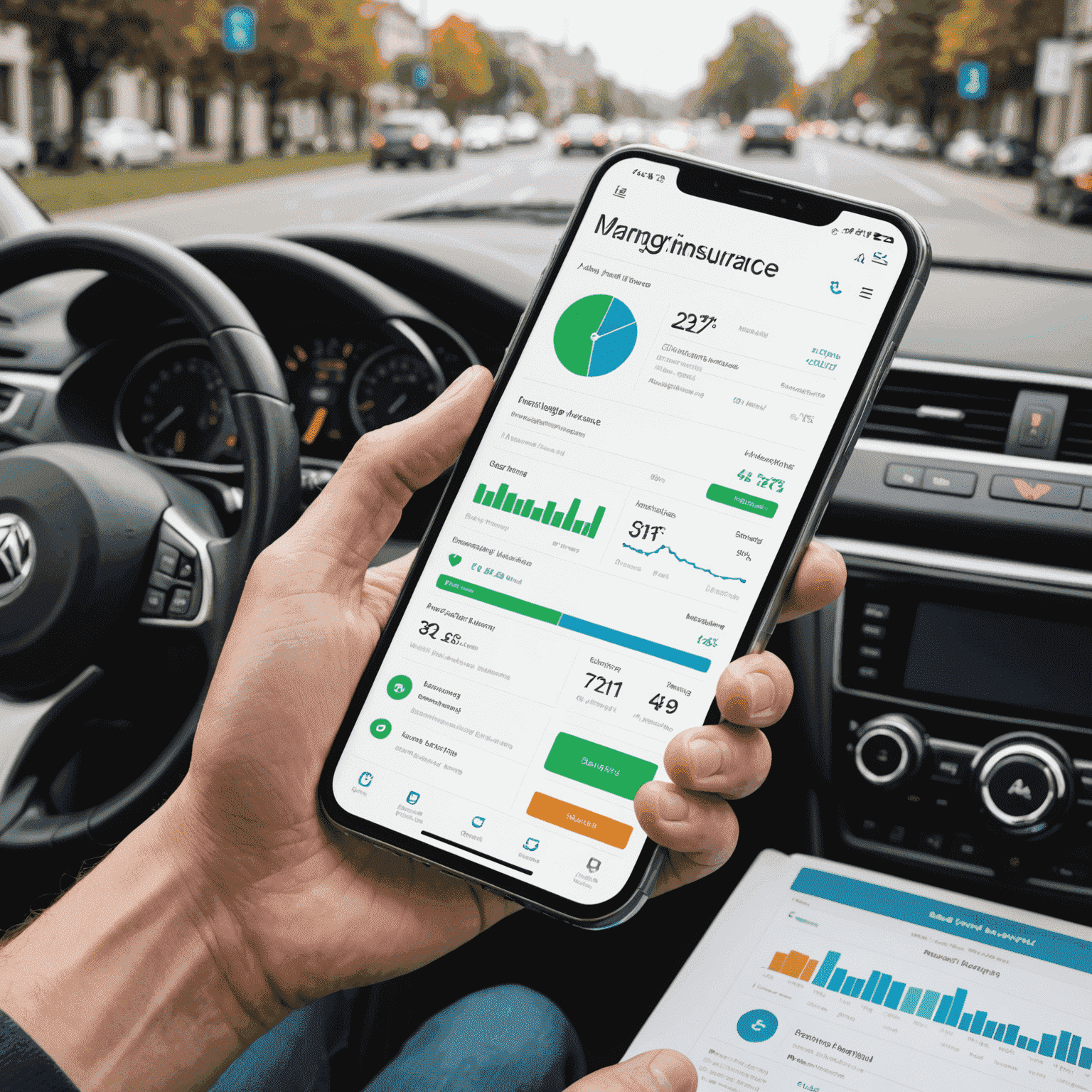 Een afbeelding van een smartphone met een app-interface voor het beheren van autoverzekeringen, met grafieken en documenticonen