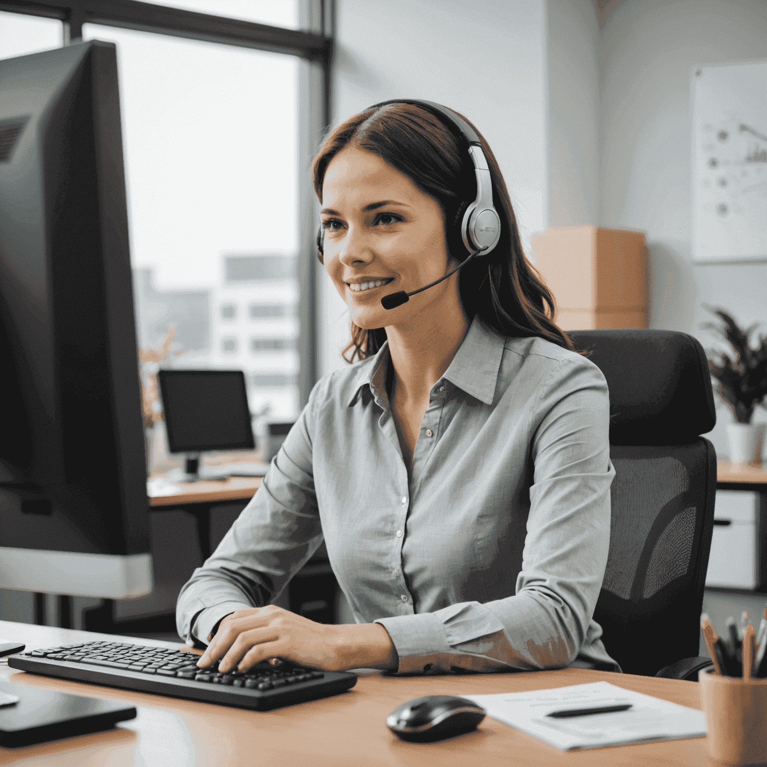 Een afbeelding van een klantenservicemedewerker met een headset, zittend achter een bureau met een computer